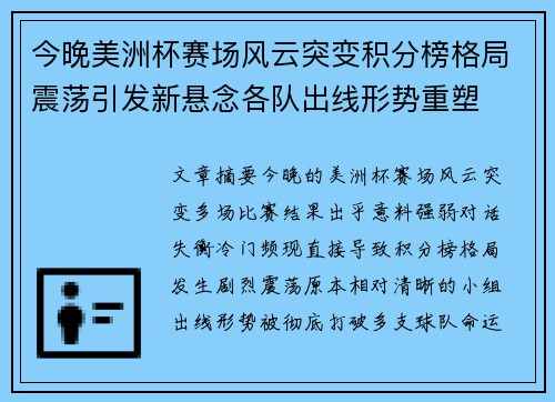 今晚美洲杯赛场风云突变积分榜格局震荡引发新悬念各队出线形势重塑 今晚美洲杯赛场风云突变积分榜格局震荡引发新悬念各队出线形势重塑